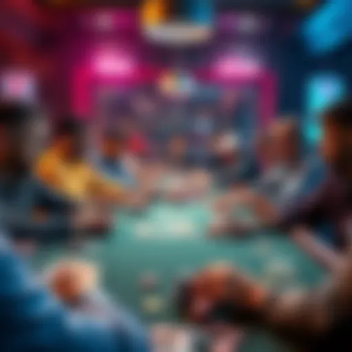A group of players at a poker table focused on a competitive game, with various cards and chips spread out.