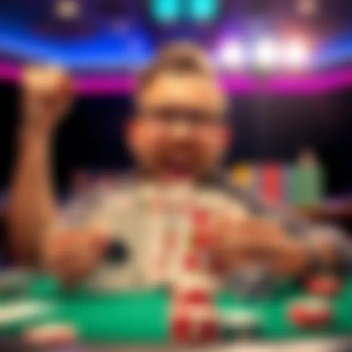 Poker Winning Streak with Pocket Pairs A player celebrating a poker victory, surrounded by cards showing pocket pairs, highlighting luck and excitement at a low-stakes tournament.