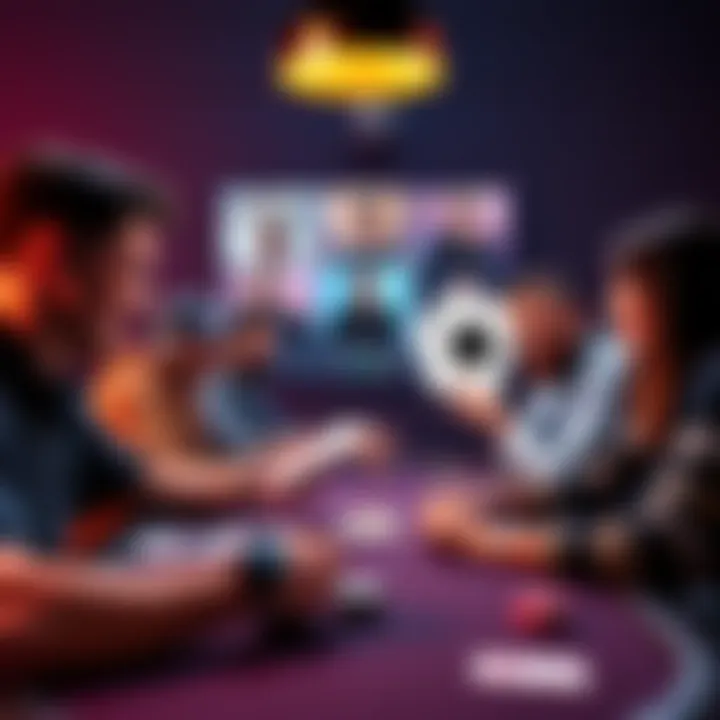 A group of diverse poker YouTubers engaging in an online game, sharing strategies on a video call.