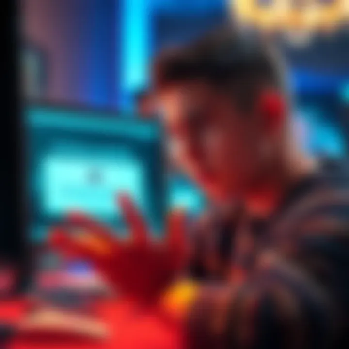 A frustrated player looking at their computer screen with a PokerStars account suspended notice displayed, showing confusion and disappointment.