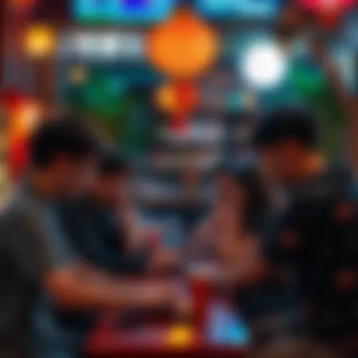 A group of people playing Pokerstars on laptops in a lively Vietnamese café, focused on their screens with a backdrop of traditional decor.