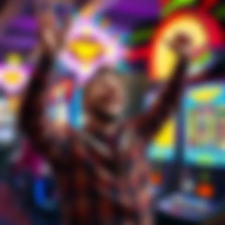 A happy player celebrating after winning a grand jackpot on the pokies, with colorful lights and the machine in the background.