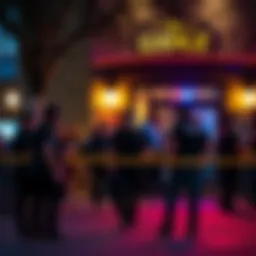 Law enforcement officers gather outside The Lodge following a raid, with caution tape visible and onlookers in the background.