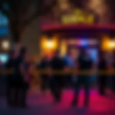 Law enforcement officers gather outside The Lodge following a raid, with caution tape visible and onlookers in the background.