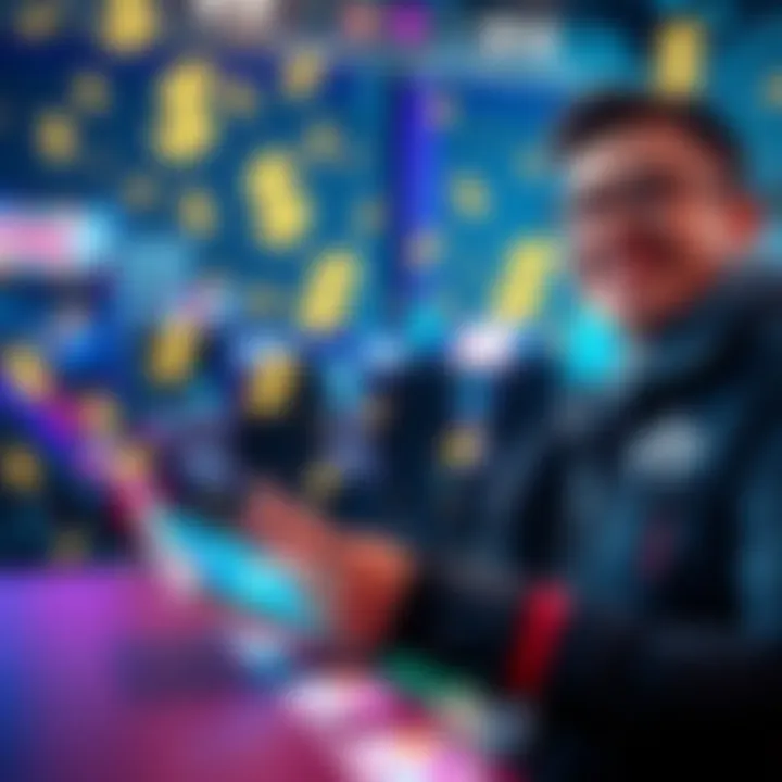 A person playing PongBot on a tablet, smiling while earning money through a gaming activity, with dollar signs in the background.