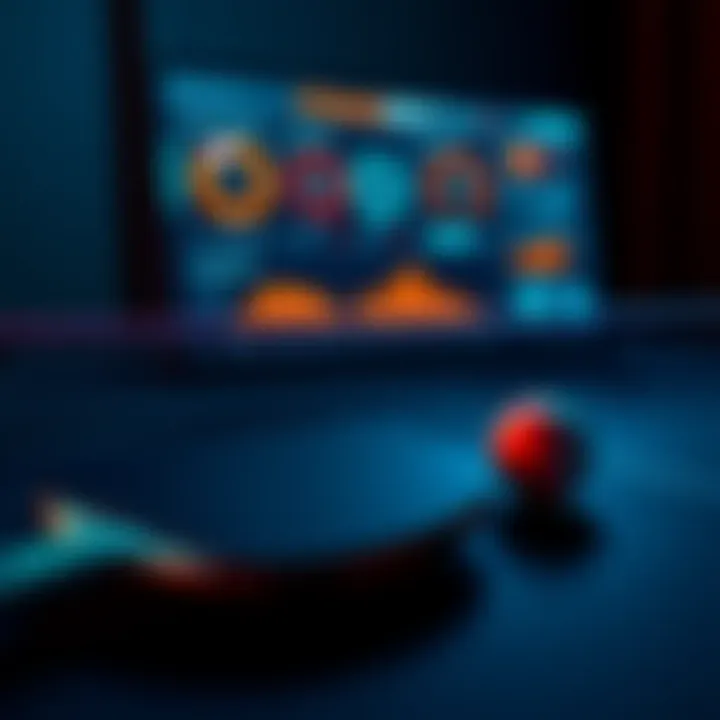 PongBot Table Tennis Software A close-up of PongBot table tennis software interface displaying features and stats, with a ping pong paddle and ball nearby.