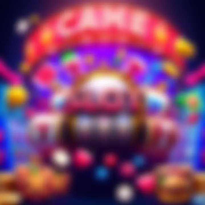 Popular Slot Games A bright and colorful display of various slot game icons featuring fruits, symbols, and characters, inviting viewers to join in the gaming fun.