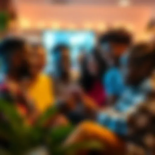 A group of diverse people smiling and discussing their uplifting experiences online in a cozy setting