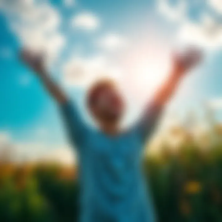 A person enjoying nature, smiling with arms raised towards the sky, symbolizing happiness and mental wellness.
