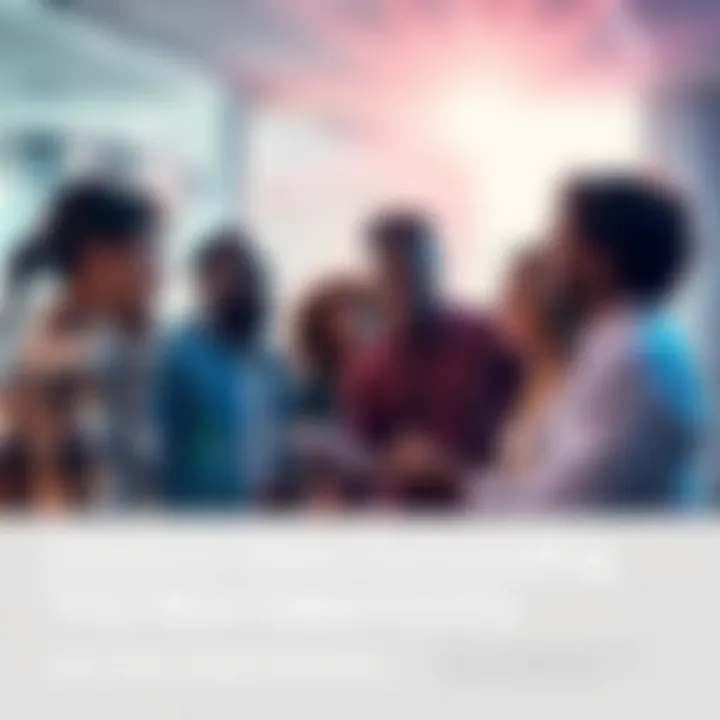 A group of diverse people discussing and sharing ideas in a bright setting, radiating positive energy.