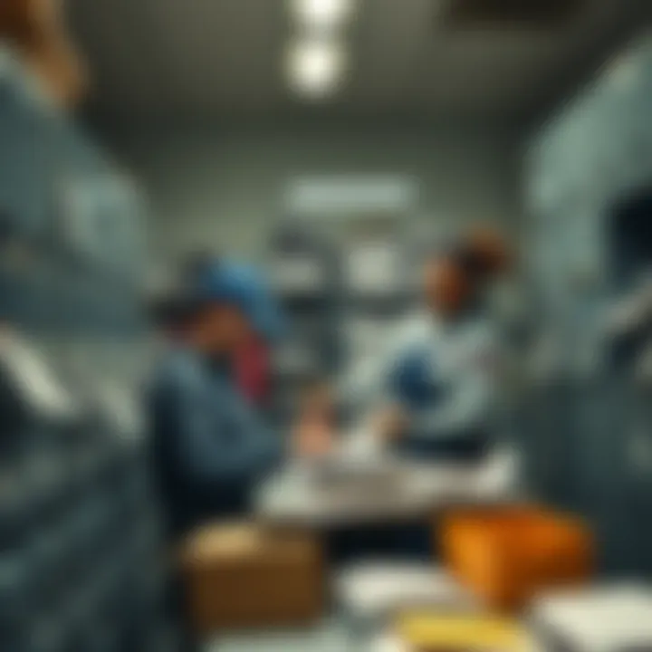 Post Office in April A postal worker sorting mail in an office during springtime