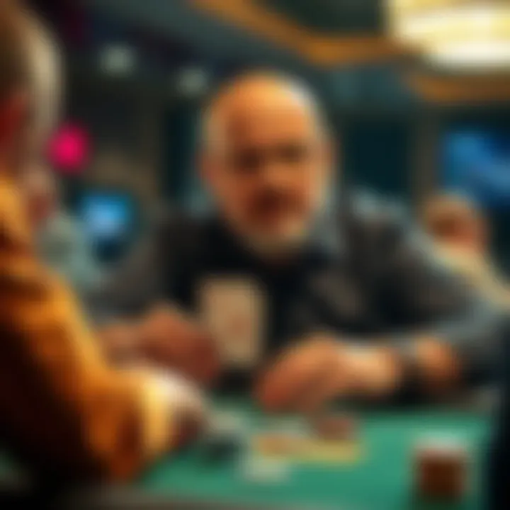A player analyzing their hand at a $1/$2 poker table, focusing on decision-making postflop.