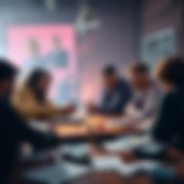 POTD 2U Play Strategy A group of players discussing strategies at a board game table, papers and dice scattered around, focused expressions on their faces.