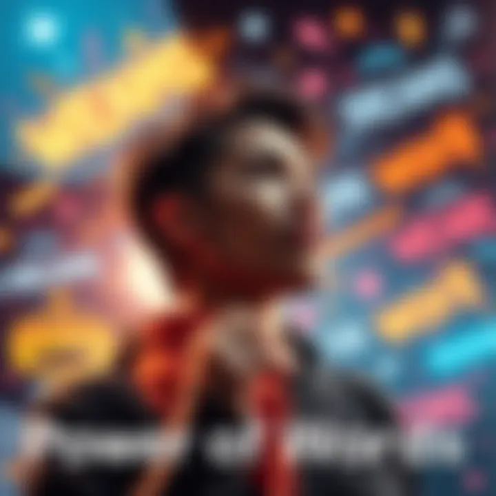 A person speaking with confidence, surrounded by bright words and symbols representing dreams and intentions.