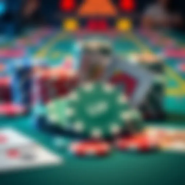 Colorful poker chips and playing cards representing the game Power Up, with a strategic board in the background.