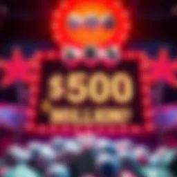 Brightly lit sign announcing a Powerball jackpot with cash symbols and lottery balls