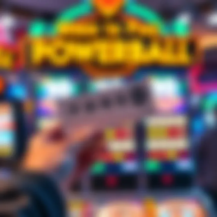 A person holding a Powerball ticket with a colorful jackpot display in the background