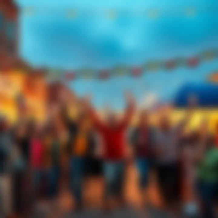 Powerball Winners in a Small Town A joyful group of people celebrating a Powerball win in a small town setting, surrounded by cheering locals and festive decorations.