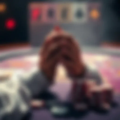 Prayer and Gambling A person praying with hands clasped near a gambling table filled with chips and cards