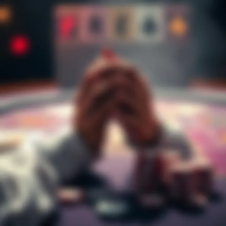 Prayer and Gambling A person praying with hands clasped near a gambling table filled with chips and cards