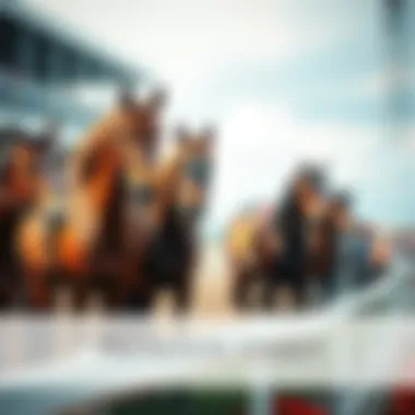 A group of horses standing in the paddock before the Preakness Stakes, with spectators watching.