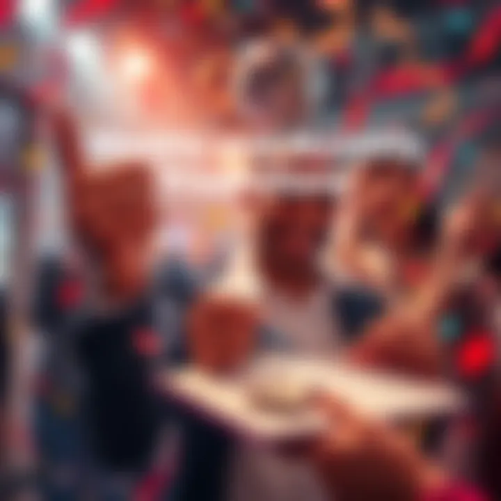 Weekly and Monthly Prediction Contest A person excitedly holding cash and writing down predictions on a notepad, surrounded by colorful confetti and a festive atmosphere.