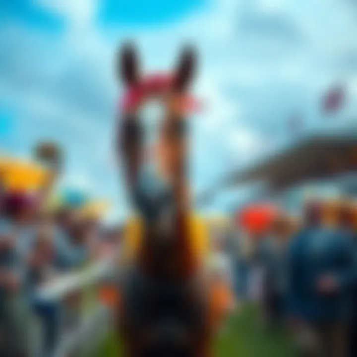 A pregnant horse adorned with racing gear prepares to start at Royal Ascot, surrounded by excited spectators.
