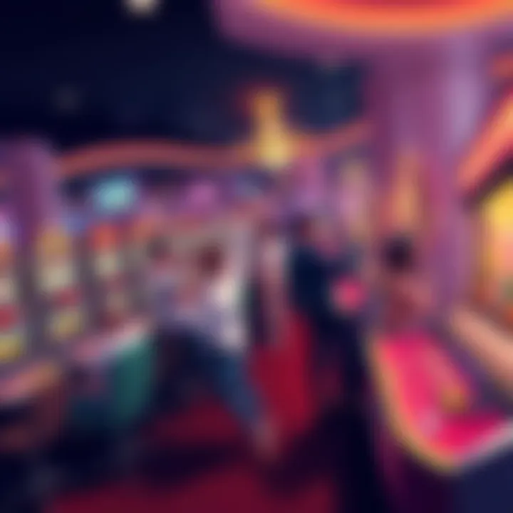 Illustration showing a group of people celebrating at a casino with slot machines and game tables