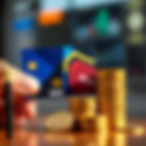 A person holding a prepaid card next to a stack of coins, symbolizing the purchase of virtual currency.