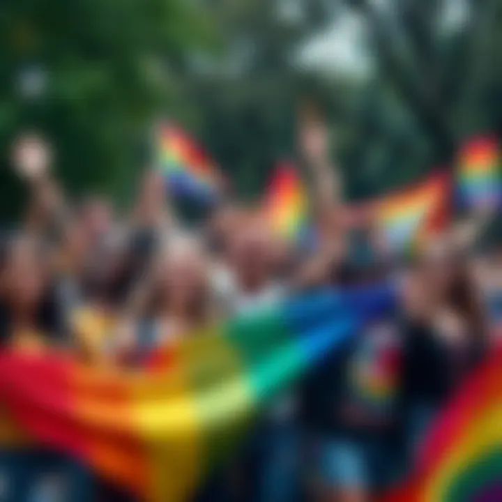 A group of diverse individuals celebrating pride with colorful banners and smiles in a park during March.