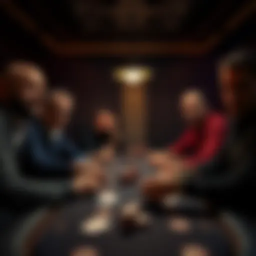 A group of players at a private poker table, focused on their cards and chips, surrounded by dim lighting and a sense of tension.