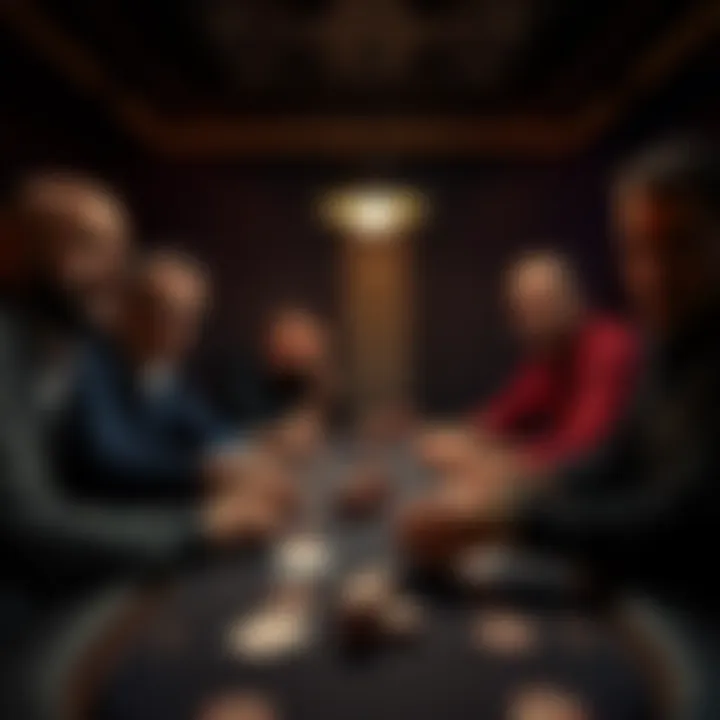 A group of players at a private poker table, focused on their cards and chips, surrounded by dim lighting and a sense of tension.