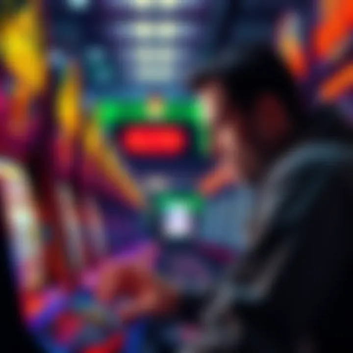 Problem Gambler at a Slot Machine A person looking tense while playing a slot machine, with coins and lights flashing around them, illustrating the struggles of problem gambling after a win.