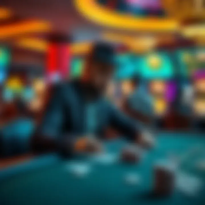 A focused professional gambler playing poker in a busy casino environment, analyzing cards and chips.