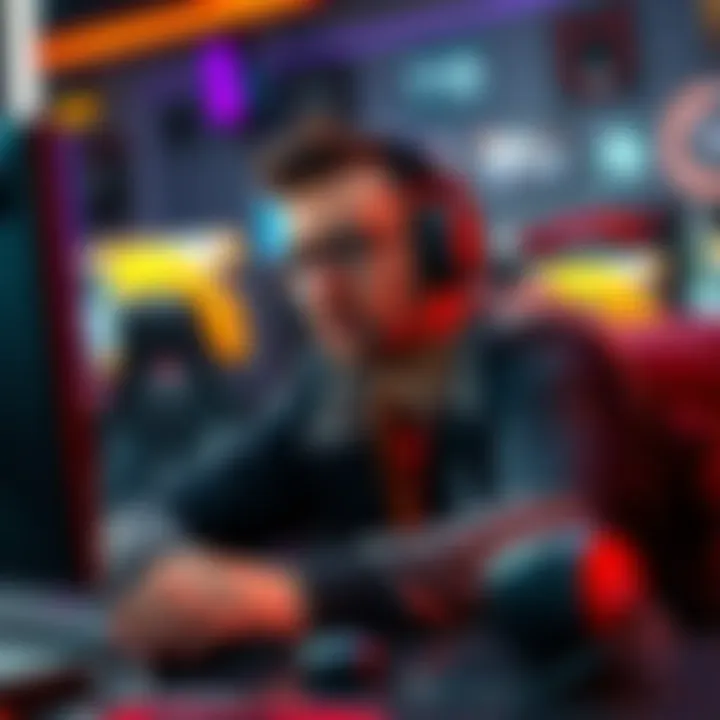 A focused professional player sitting at a gaming desk, engaging with the game while showing calmness and concentration, with gaming equipment in the background