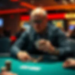 A professional poker player sitting at a table, focused on their cards while subtly stacking chips, showcasing signs of concentration and strategy in a competitive atmosphere.