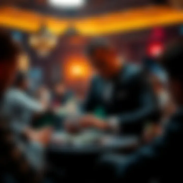 A skilled dealer shuffles cards at a lively home poker night, with players engaged around the table