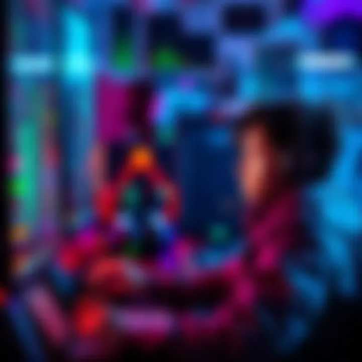 A professional gamer focused on their screen during an intense gaming session, surrounded by gaming equipment.