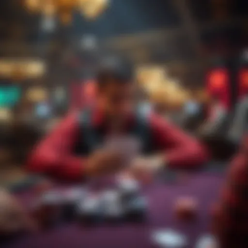 A focused poker player analyzing their cards while sitting at a casino table surrounded by chips and other players.
