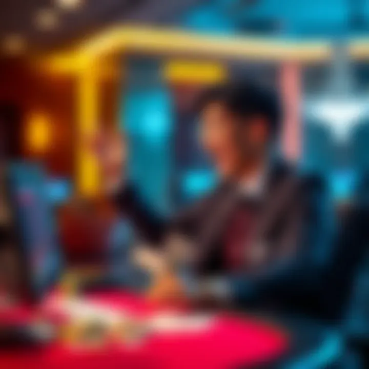 A person celebrating a baccarat win at a computer, showing excitement and cash on the table.