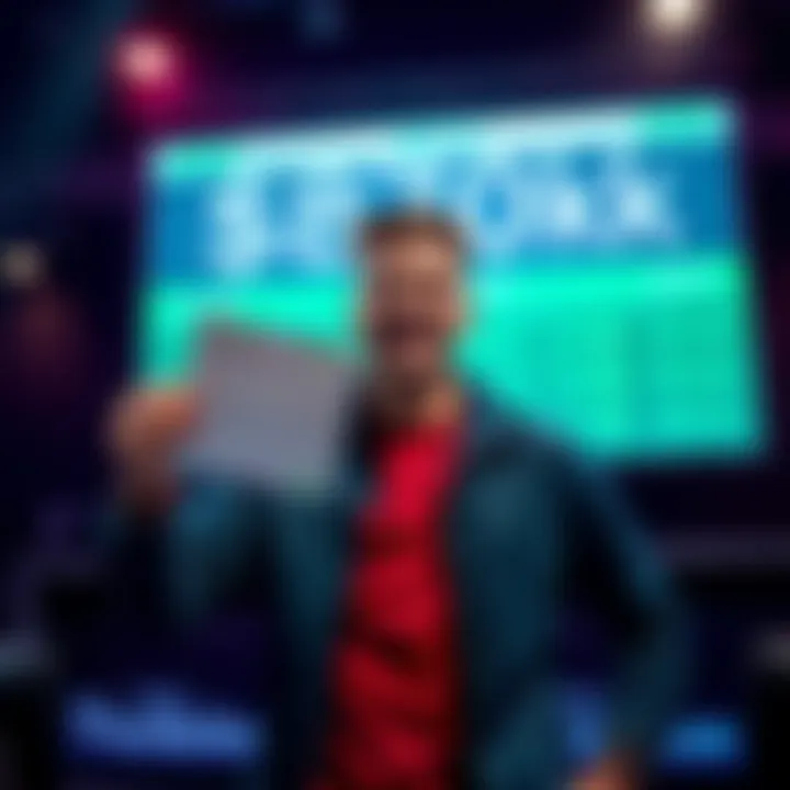 A happy bettor holding a betting slip with a large winning amount displayed on a screen behind him, symbolizing success in sports betting.