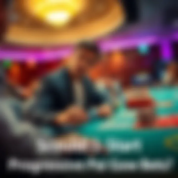 A gambler considering progressive bets at a pai gow table, with chips in hand and a focused look
