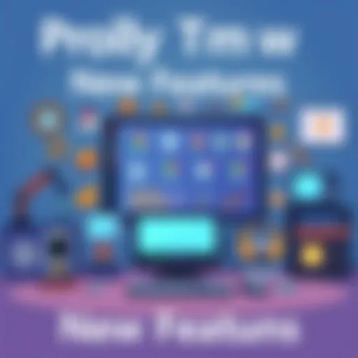 A digital illustration showing new features and updates for Prolly Tmrw, including icons representing tools and enhancements.