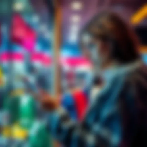 A shopper looking at a suspicious advertisement on their phone, showing deals that seem too good to be true.