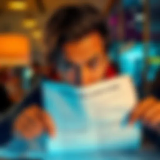 A person looking at a promotional advertisement with a puzzled expression, surrounded by terms and conditions written on paper.