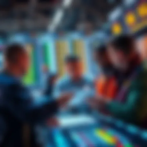 A group of bettors analyzing betting charts and data, discussing strategies for Prop Lay betting in 2025.