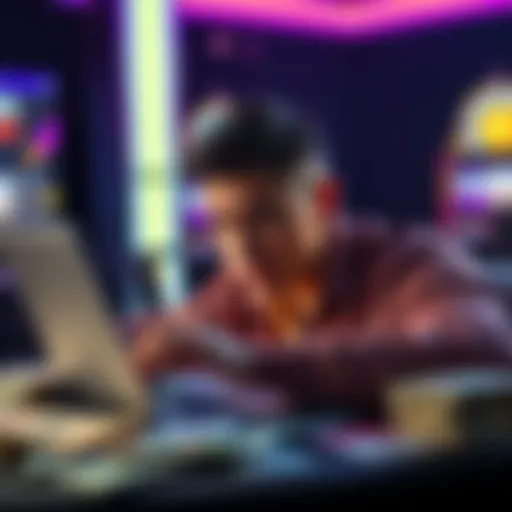 A person using a laptop to secure their funds in an online sweepstakes casino, looking concerned yet focused, surrounded by cash and lottery tickets.