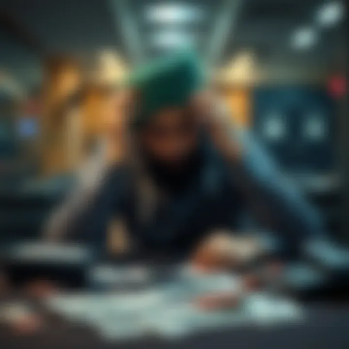 A distressed Punjabi man sitting at a table with his head in his hands, looking worried about his gambling losses, surrounded by bills and a phone for support calls.