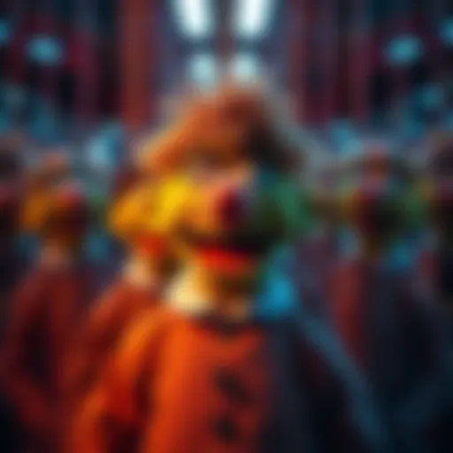 A colorful puppet representing the concept of identity and self-perception, surrounded by mirrors reflecting different images.