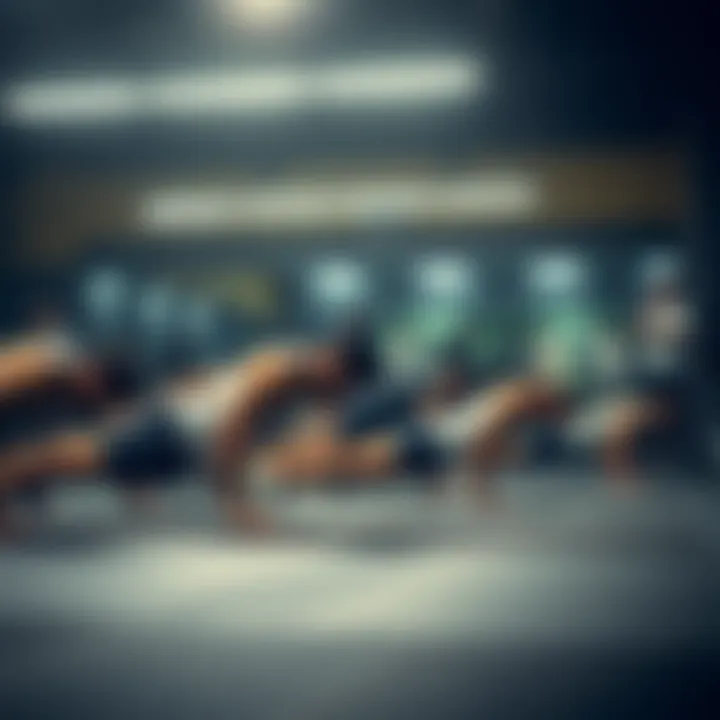 A group of people doing pushups in a gym setting, with one person cheering them on as they approach a deadline for their monthly goals.